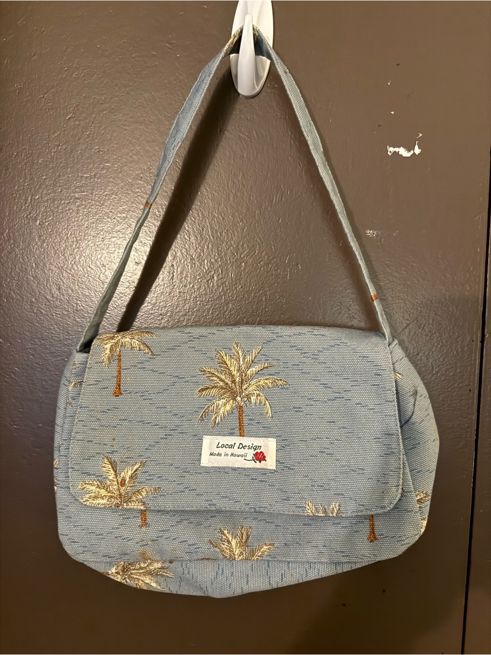 Hawaii's Finest Light Blue Shoulder Bag with Gold Palm Embroidery